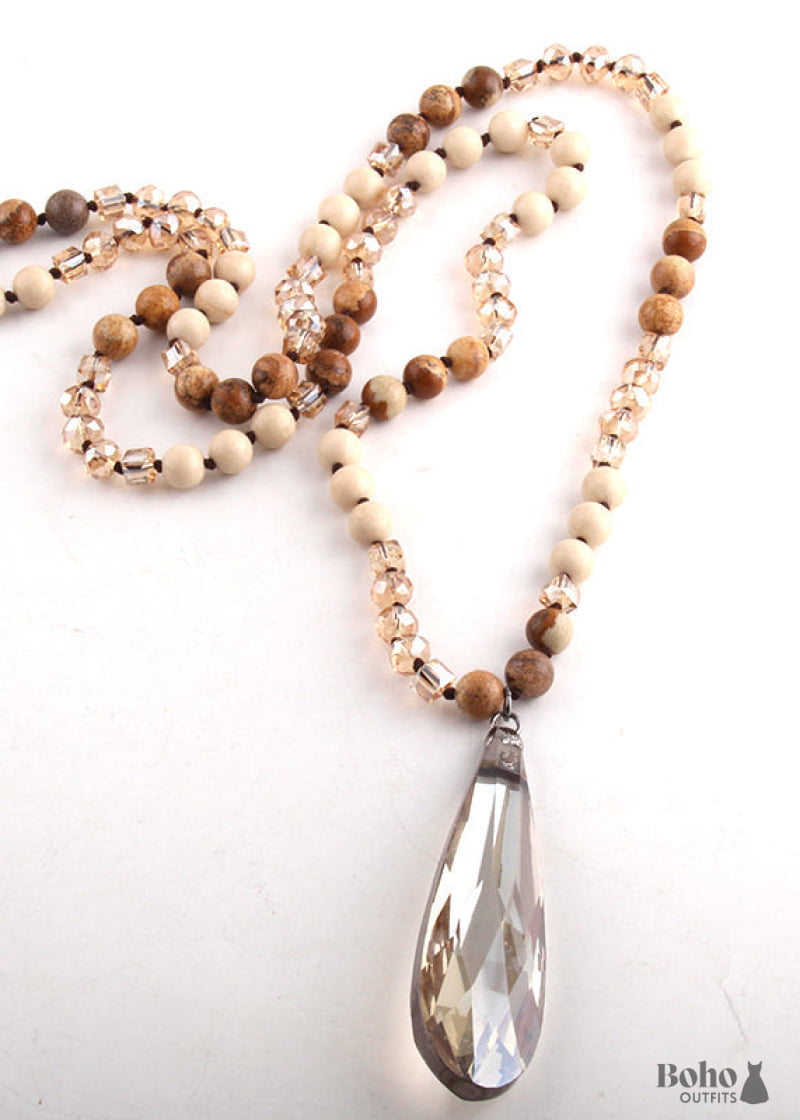 Boho Necklace RH Antique Drop Crystal Lava Stone - Jewelry