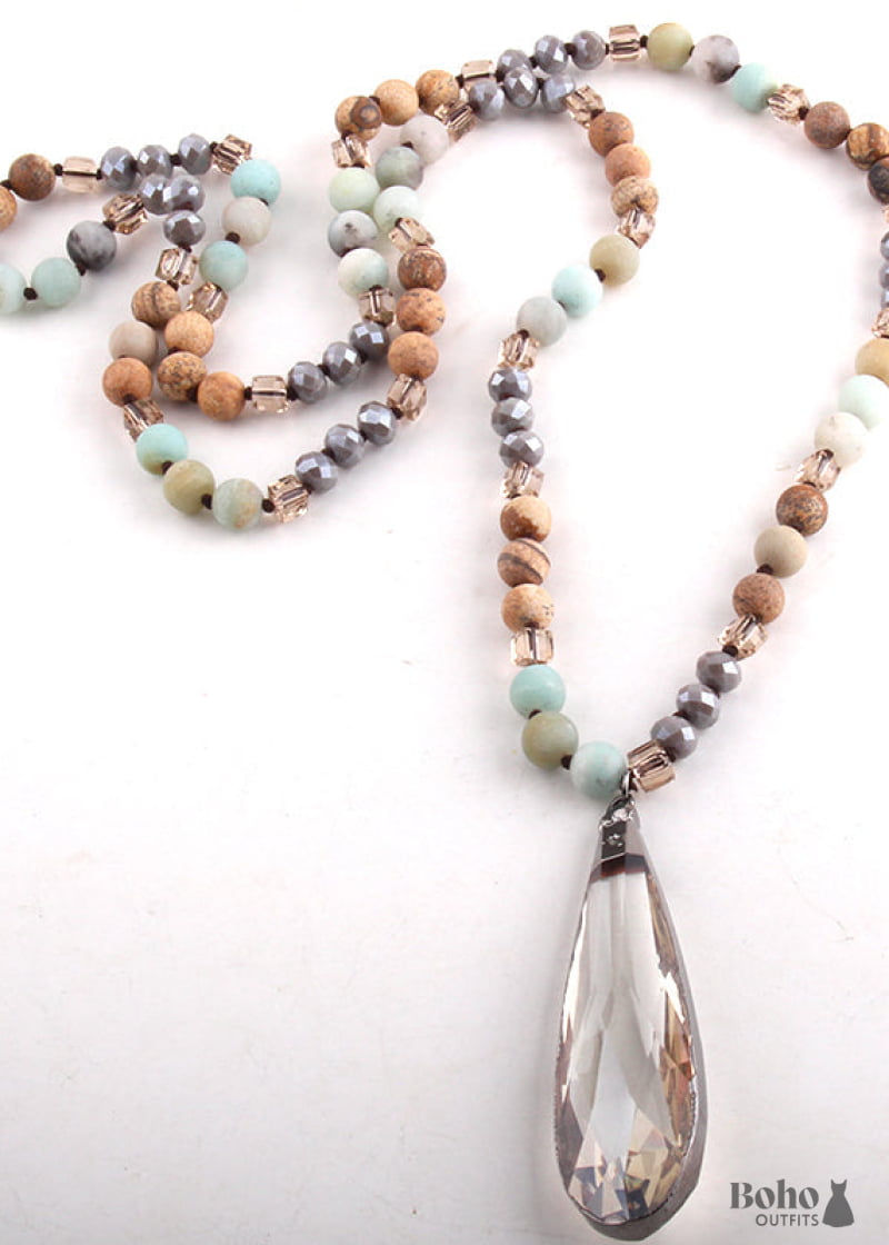 Boho Necklace RH Antique Drop Crystal Lava Stone - Jewelry