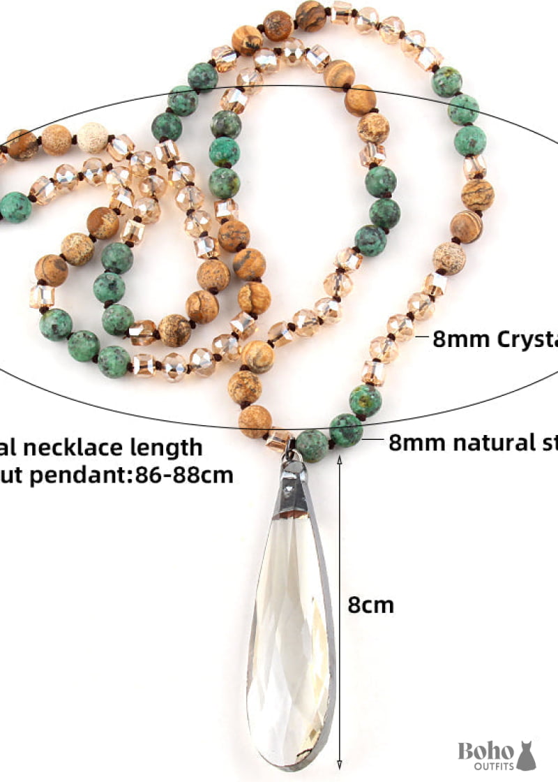 Boho Necklace RH Antique Drop Crystal Lava Stone - Jewelry