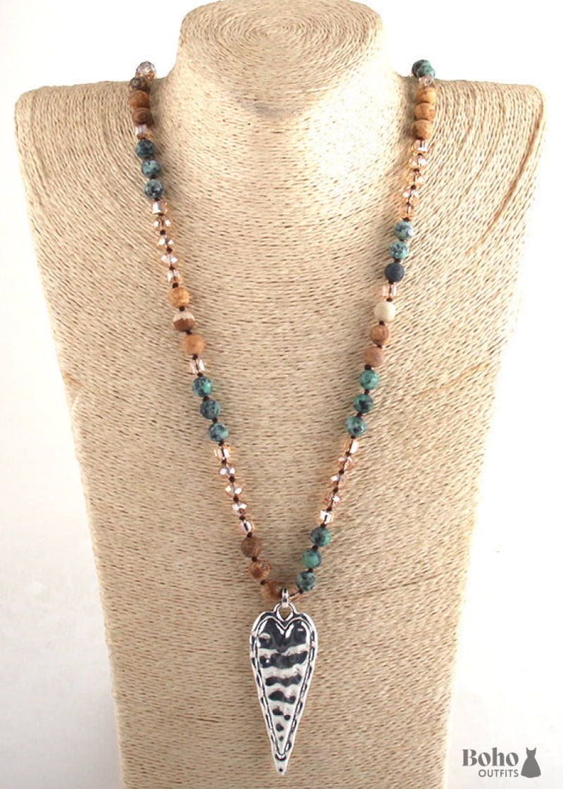 Boho Necklace RH Antique Silver Cross Lava Stone - Jewelry