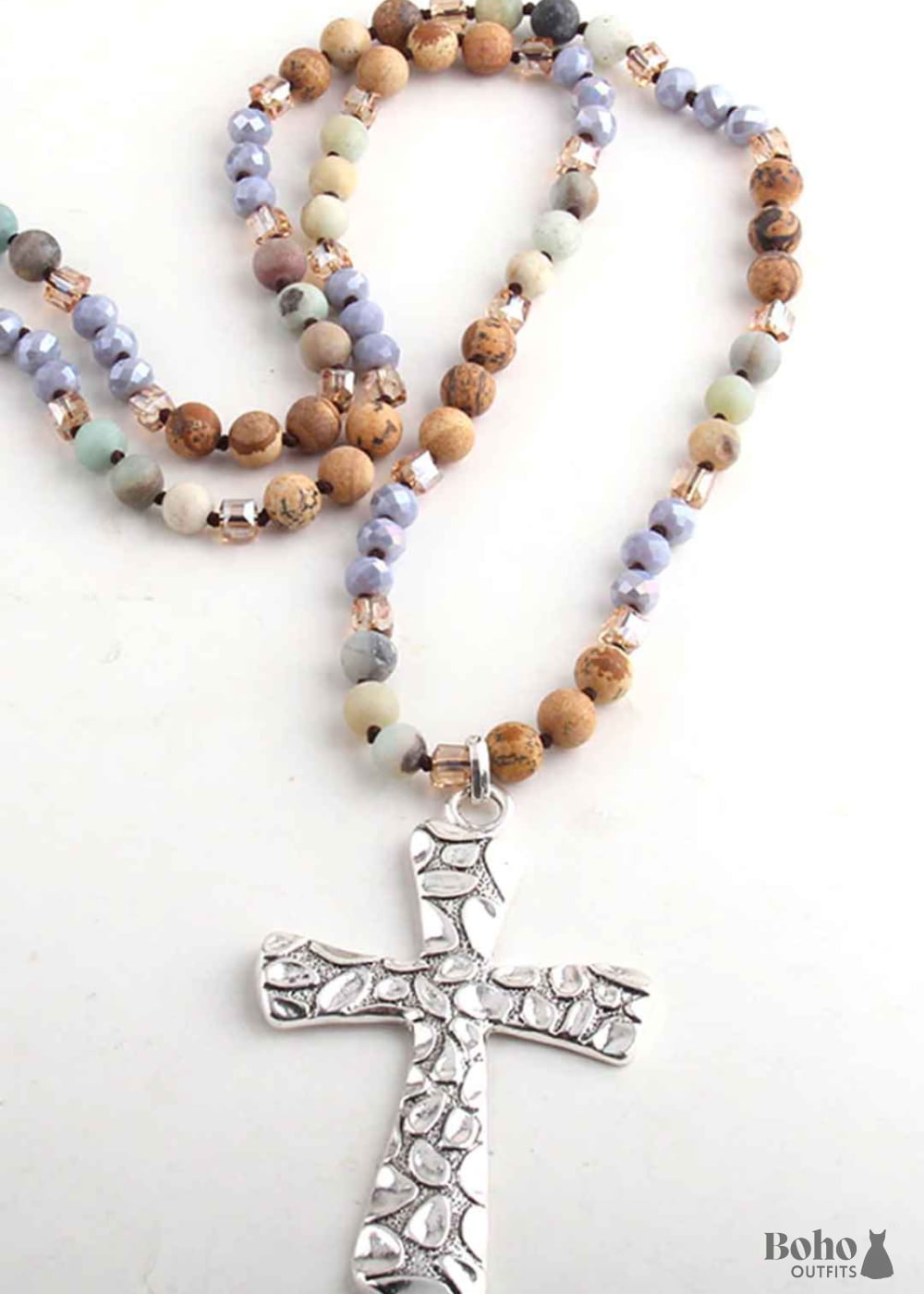 Boho Necklace RH Antique Silver Cross Lava Stone - Jewelry