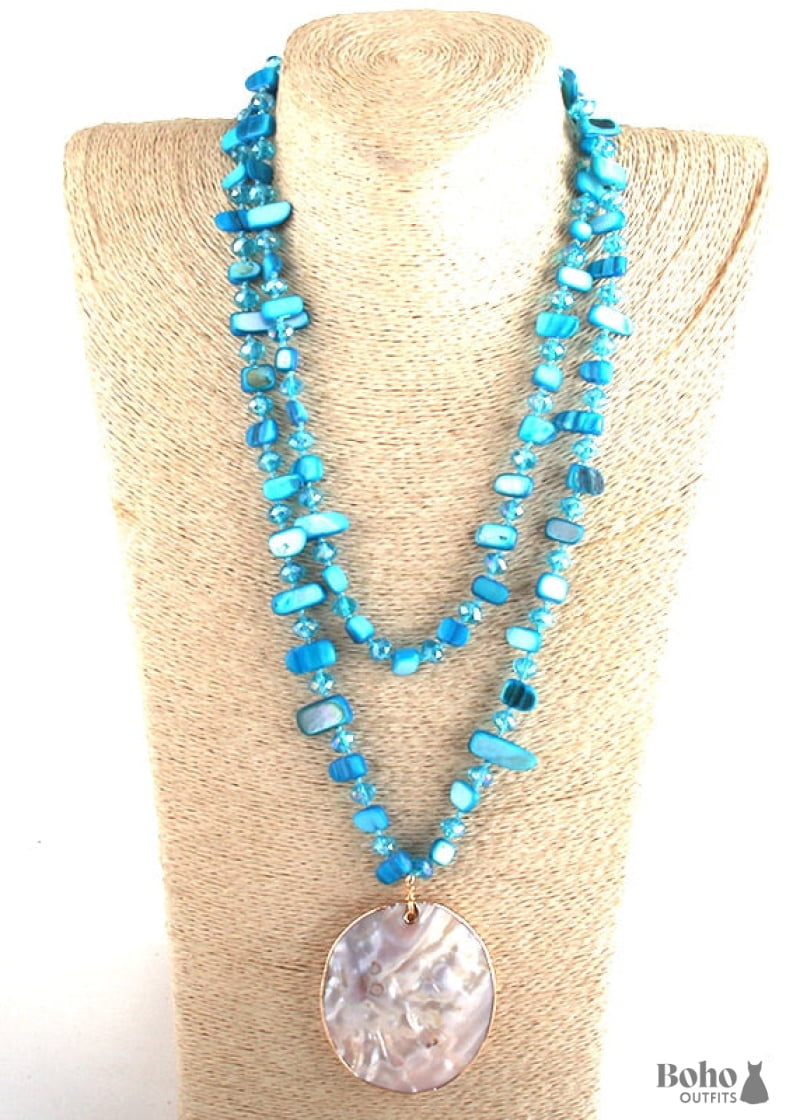 Boho Necklace RH Big Crystal Shell Purple Necklaces - blue