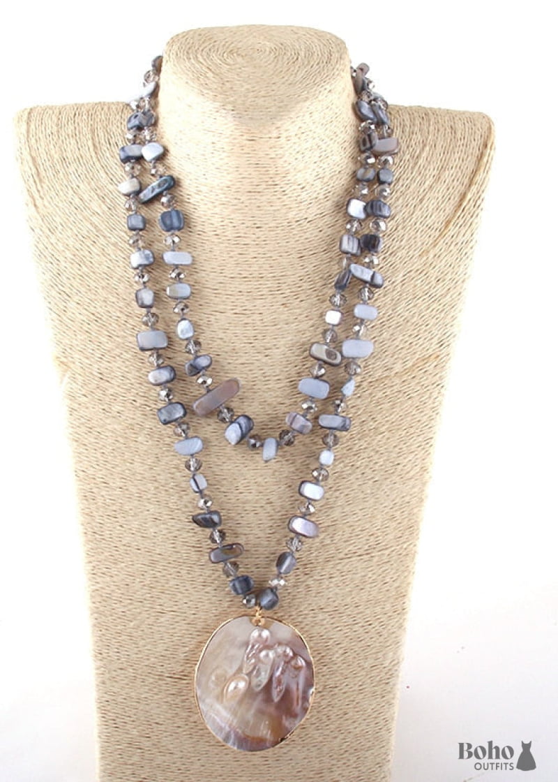 Boho Necklace RH Big Crystal Shell Purple Necklaces - gray