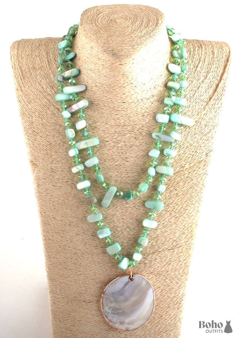 Boho Necklace RH Big Crystal Shell Purple Necklaces - Green