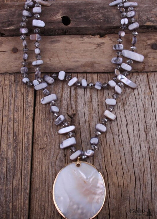 Boho Necklace RH Big Crystal Shell Purple Necklaces