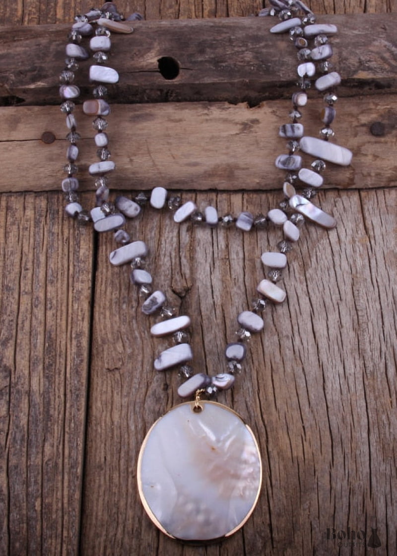 Boho Necklace RH Big Crystal Shell Purple Necklaces