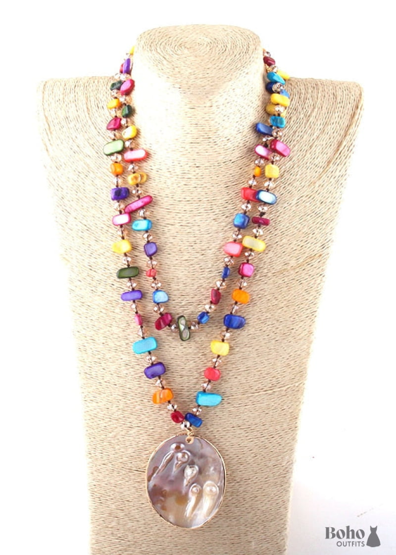 Boho Necklace RH Big Crystal Shell Purple Necklaces - multi