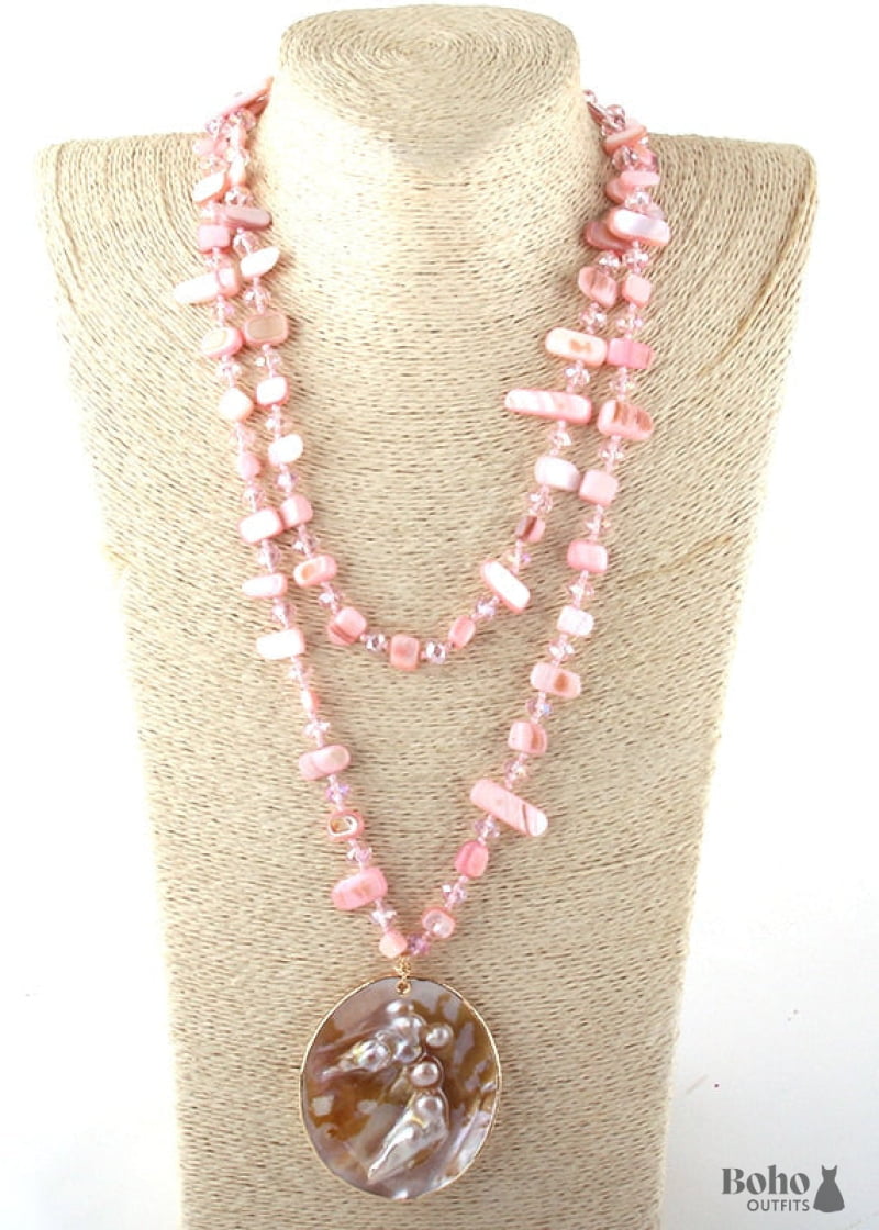 Boho Necklace RH Big Crystal Shell Purple Necklaces - pink