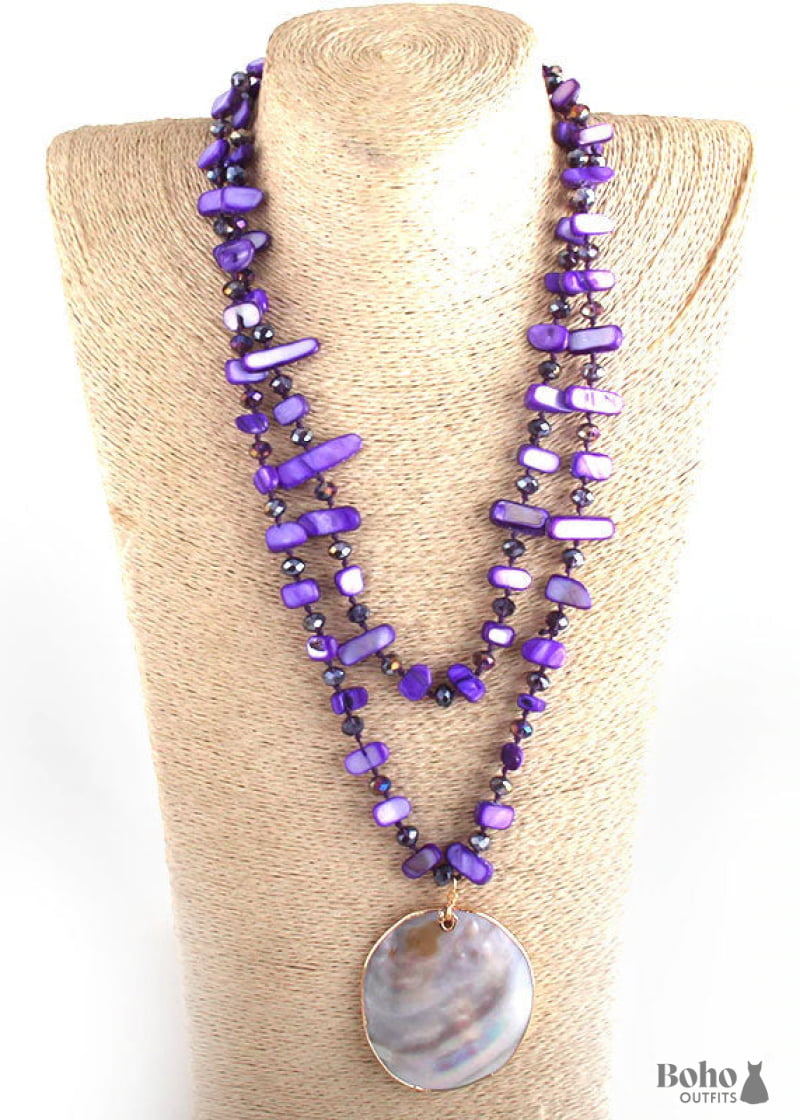 Boho Necklace RH Big Crystal Shell Purple Necklaces