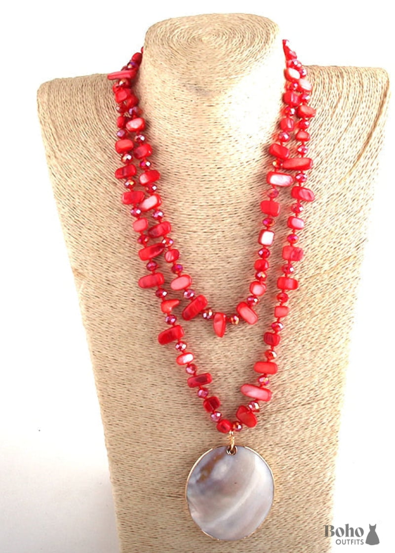 Boho Necklace RH Big Crystal Shell Purple Necklaces - red