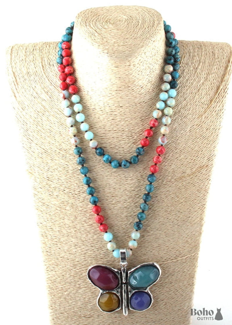 Boho Necklace RH Crystal Butterfly Blue Natural Stone - 1