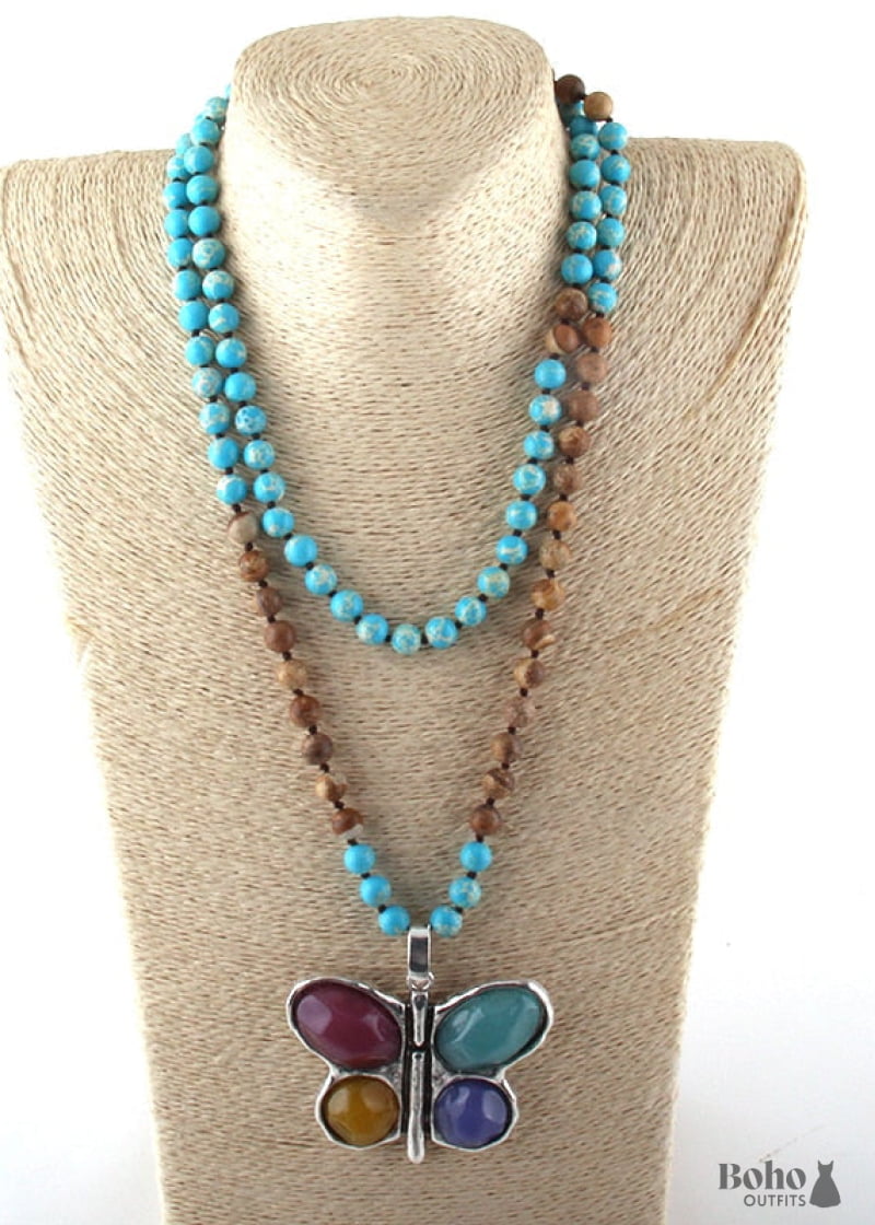 Boho Necklace RH Crystal Butterfly Blue Natural Stone - 2