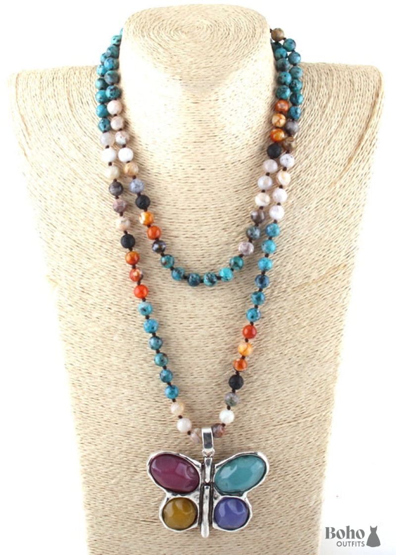 Boho Necklace RH Crystal Butterfly Blue Natural Stone - 3