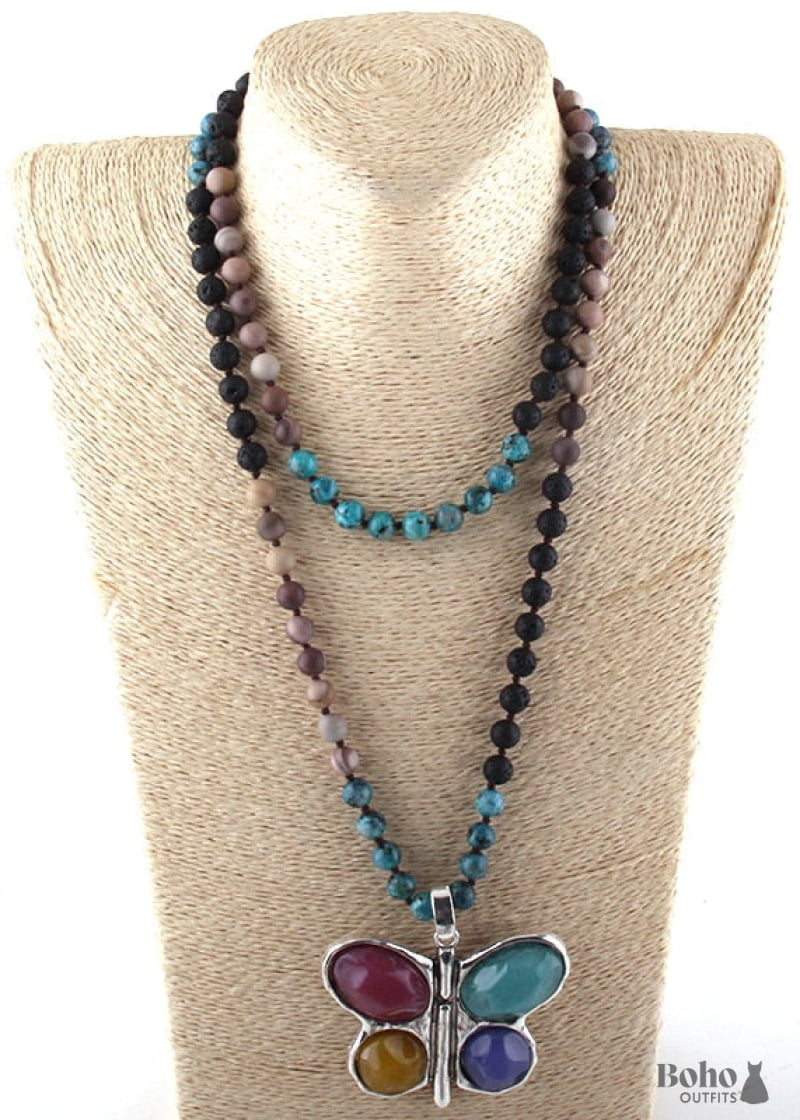 Boho Necklace RH Crystal Butterfly Blue Natural Stone - 4