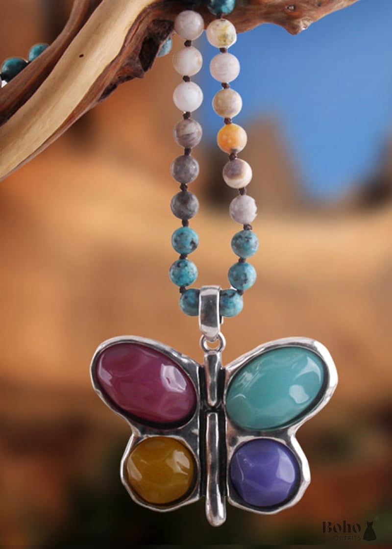 Boho Necklace RH Crystal Butterfly Blue Natural Stone