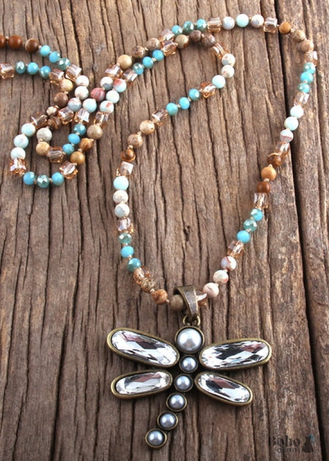 Boho Necklace RH Crystal Dragonfly Blue Natural Stone - 5