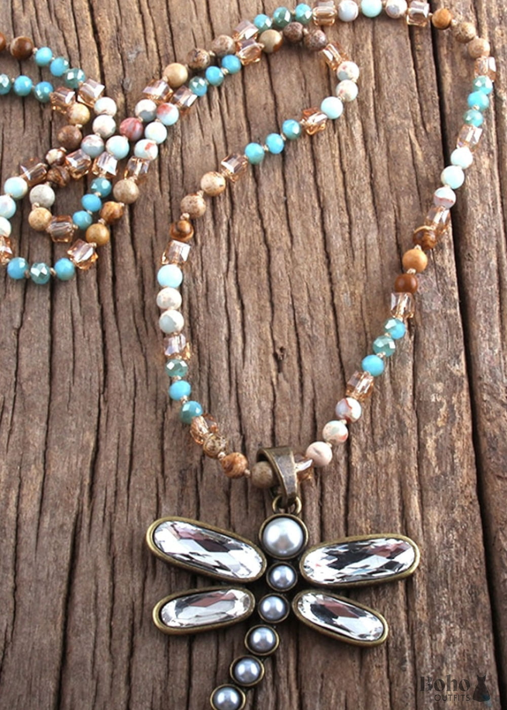 Boho Necklace RH Crystal Dragonfly Blue Natural Stone