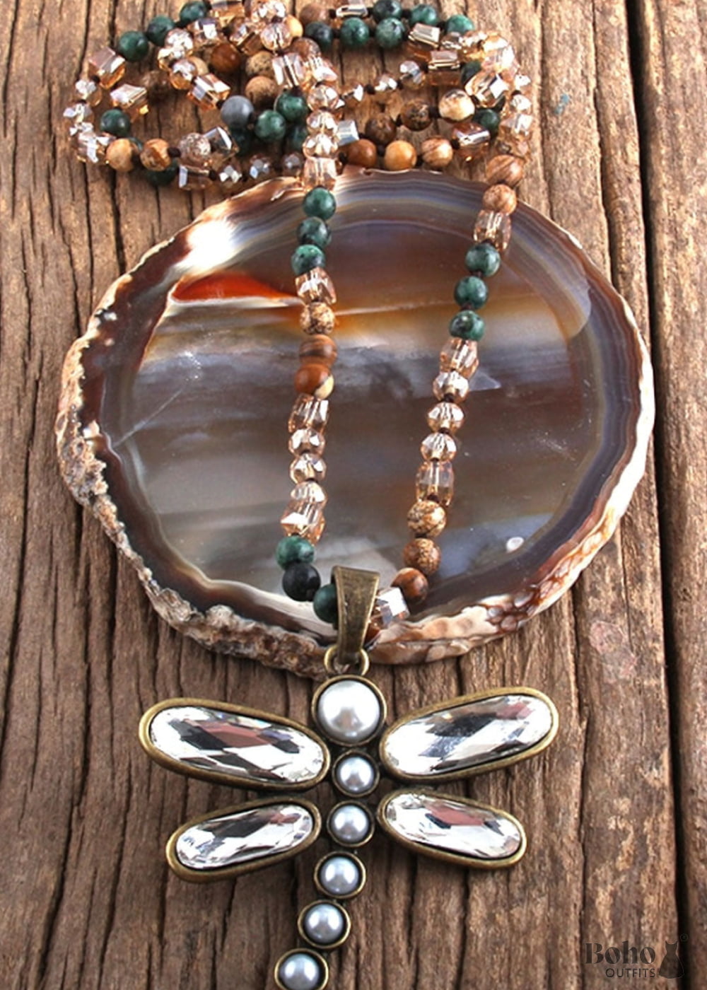 Boho Necklace RH Crystal Dragonfly Blue Natural Stone