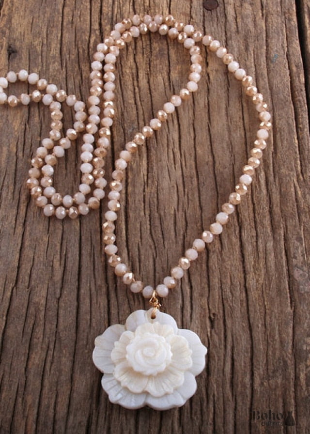 Boho Necklace RH Crystal White Rose - beige / 86cm - Jewelry