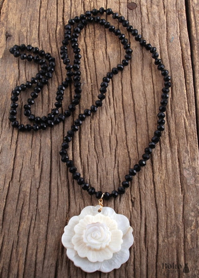 Boho Necklace RH Crystal White Rose - black / 86cm - Jewelry