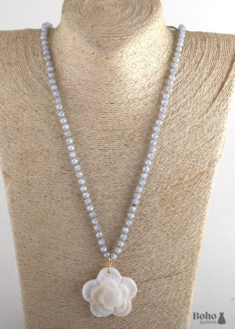 Boho Necklace RH Crystal White Rose - Jewelry