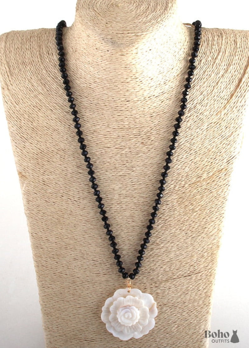 Boho Necklace RH Crystal White Rose - Jewelry