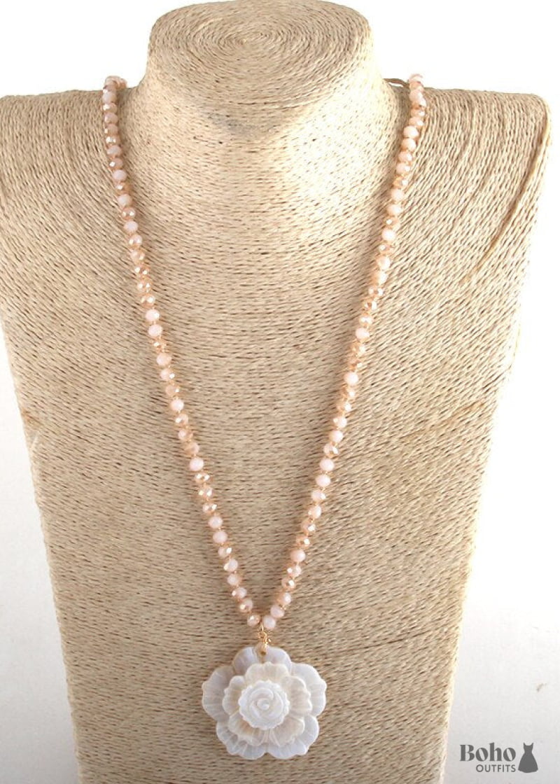 Boho Necklace RH Crystal White Rose - Jewelry