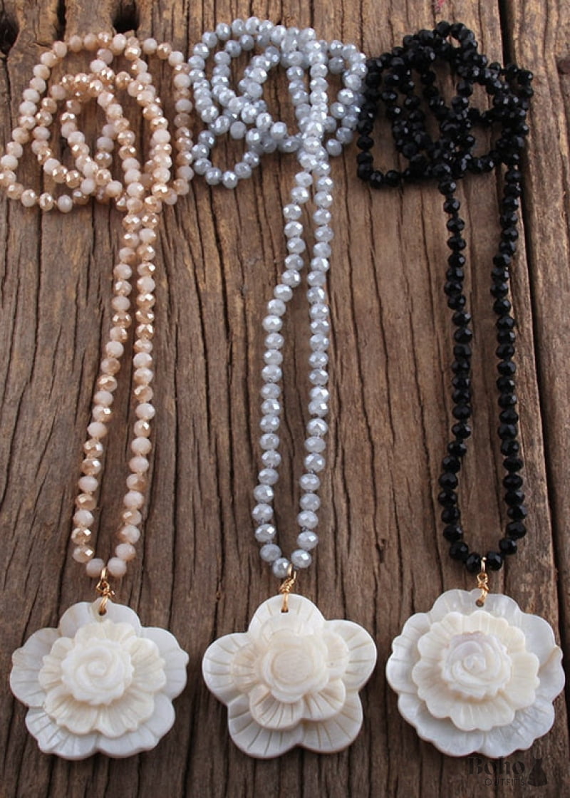 Boho Necklace RH Crystal White Rose - Jewelry