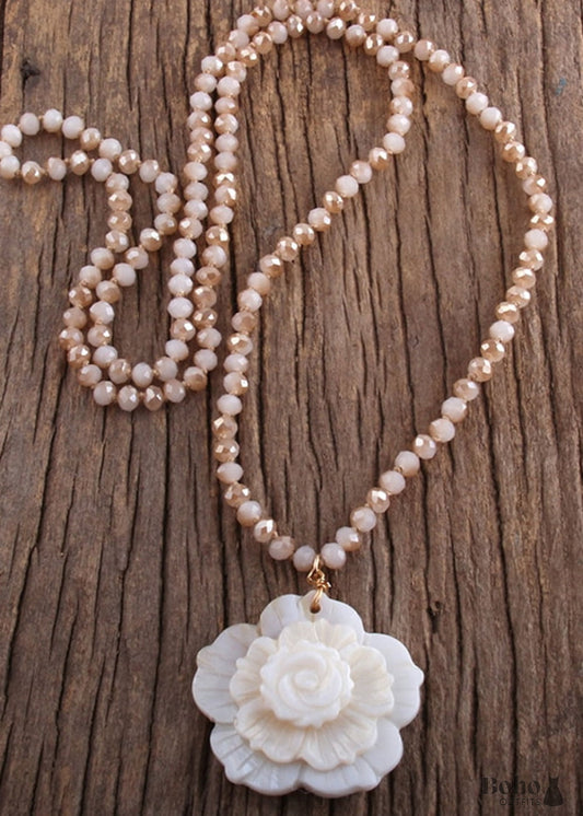 Boho Necklace RH Crystal White Rose - Jewelry