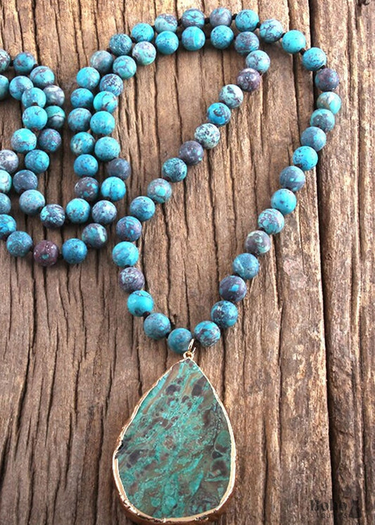 Boho Necklace RH India Agated Blue and Green Natural Stone -