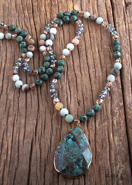 Boho Necklace RH India Agated Green Oval Natural Stone - 3 /