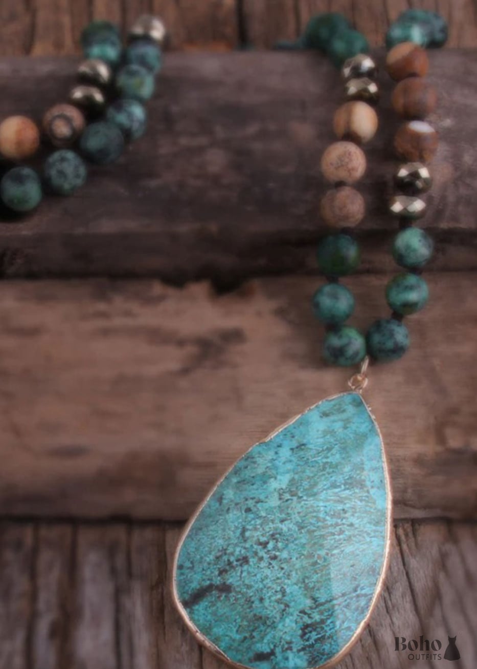 Boho Necklace RH India Agated Green Oval Natural Stone -