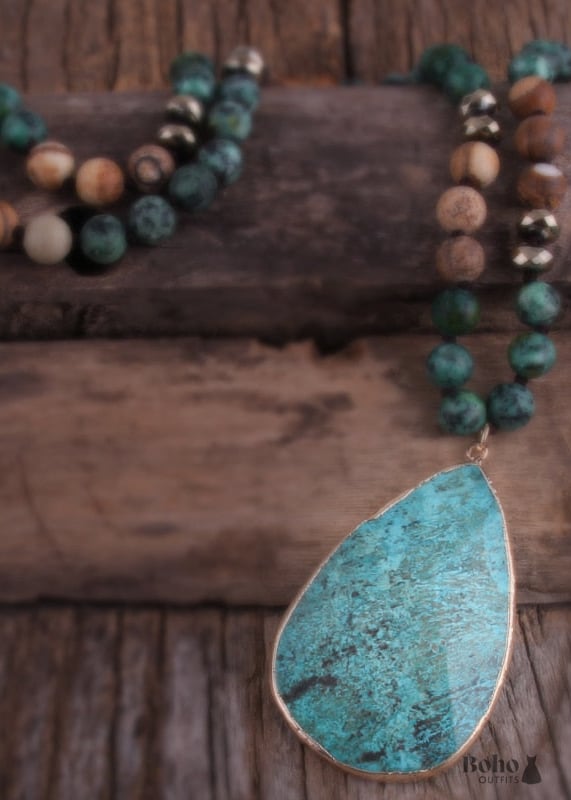 Boho Necklace RH India Agated Green Oval Natural Stone -