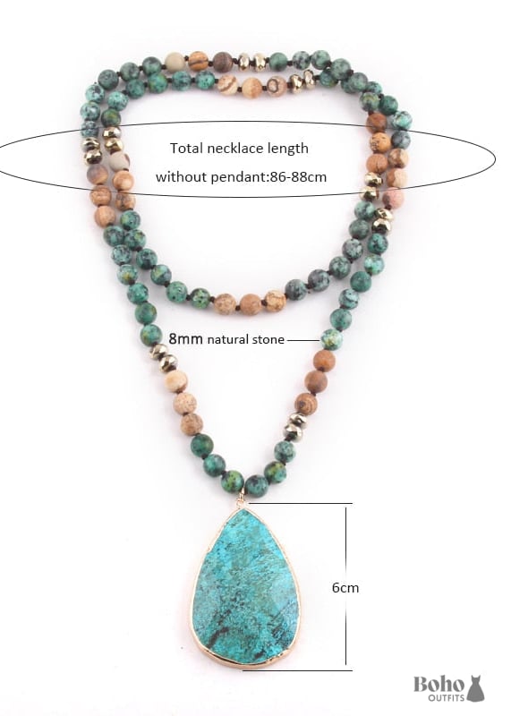 Boho Necklace RH India Agated Green Oval Natural Stone -