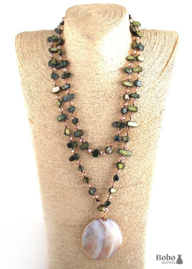 Boho Necklace RH Pink Rose Crystal Shell - dark green