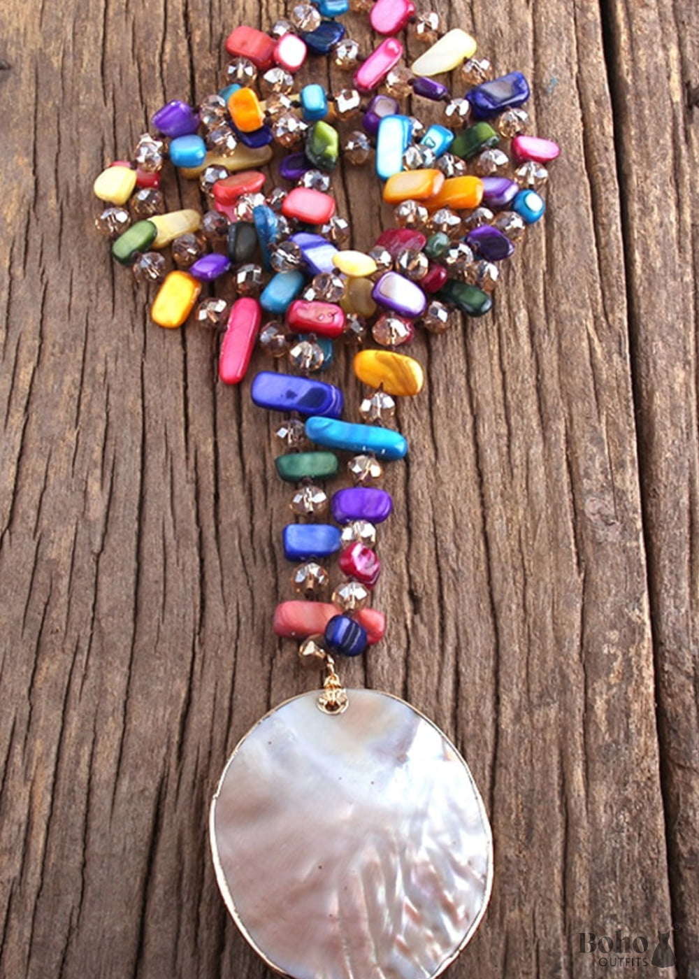 Boho Necklace RH Pink Rose Crystal Shell - Jewelry