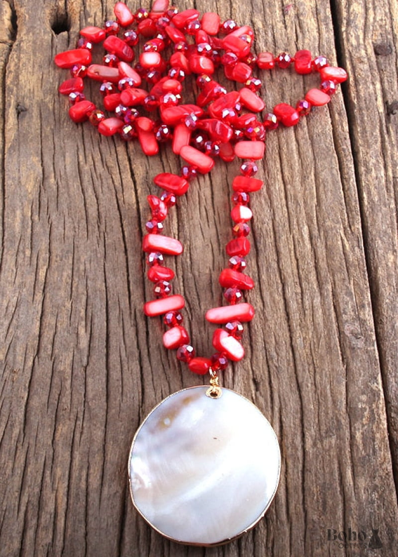 Boho Necklace RH Pink Rose Crystal Shell - Jewelry