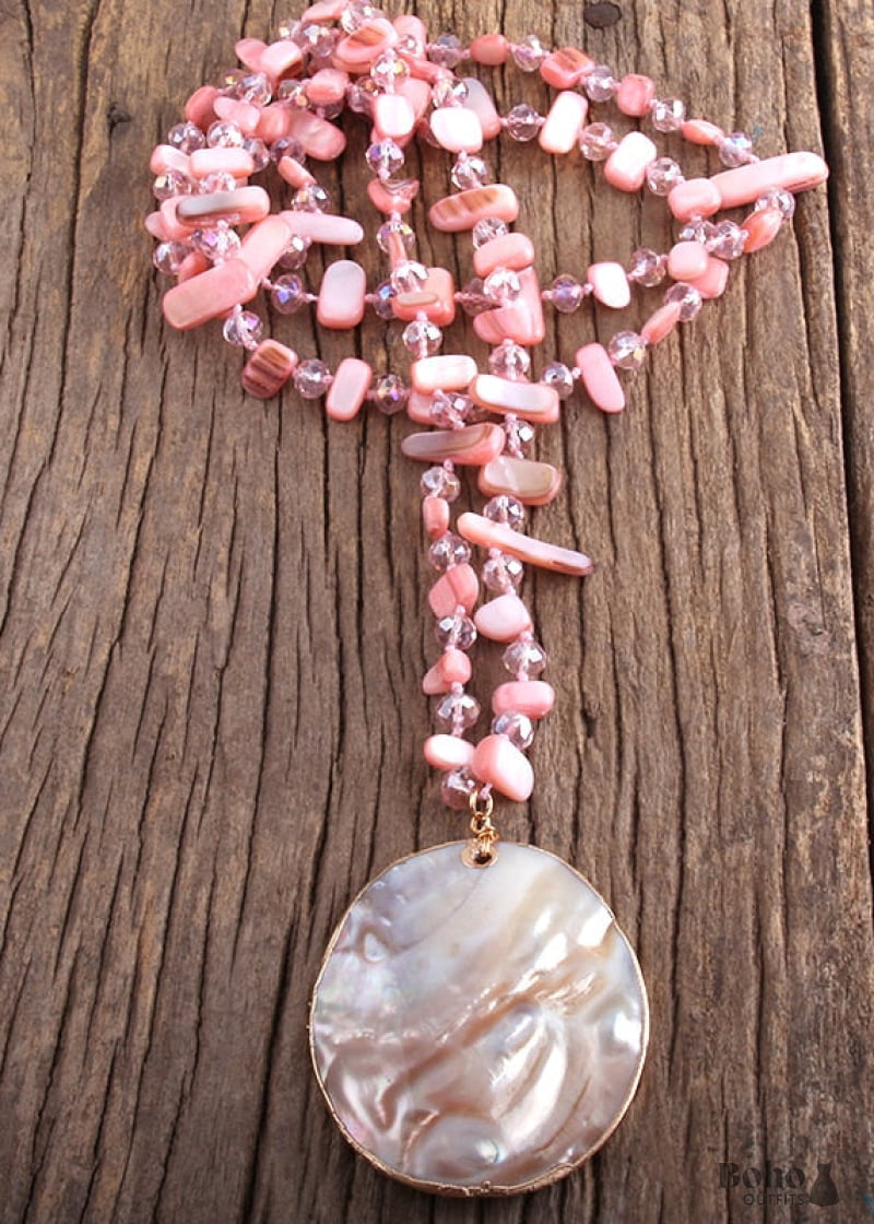 Boho Necklace RH Pink Rose Crystal Shell - Jewelry