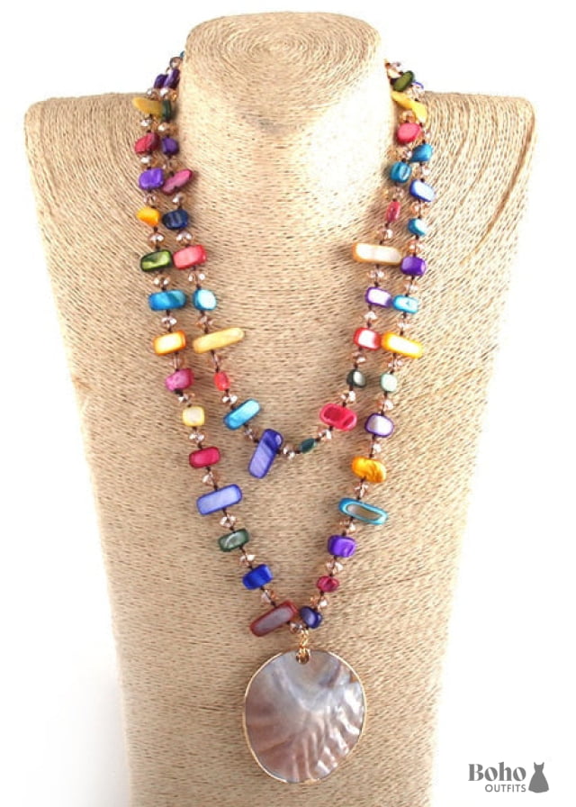 Boho Necklace RH Pink Rose Crystal Shell - MULTI - Jewelry