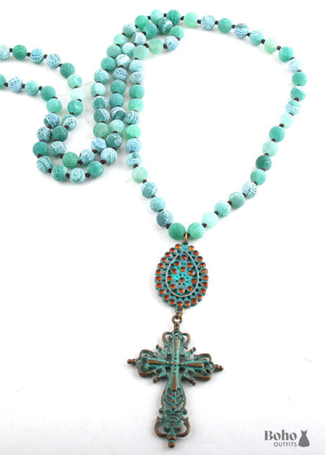 Boho Necklace RH Precious Blue Lava Stone Cross - 1 / 88cm