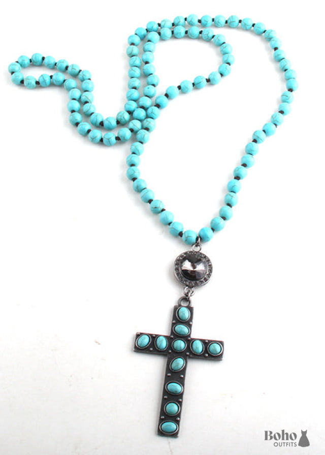 Boho Necklace RH Precious Blue Lava Stone Cross - 3 / 88cm