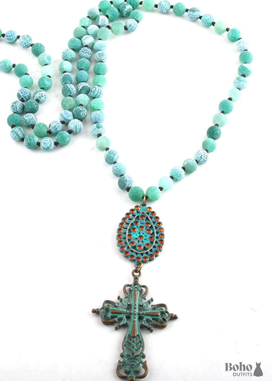 Boho Necklace RH Precious Blue Lava Stone Cross - Jewelry