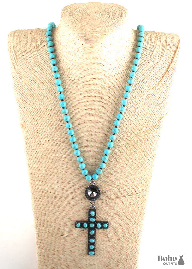 Boho Necklace RH Precious Blue Lava Stone Cross - Jewelry