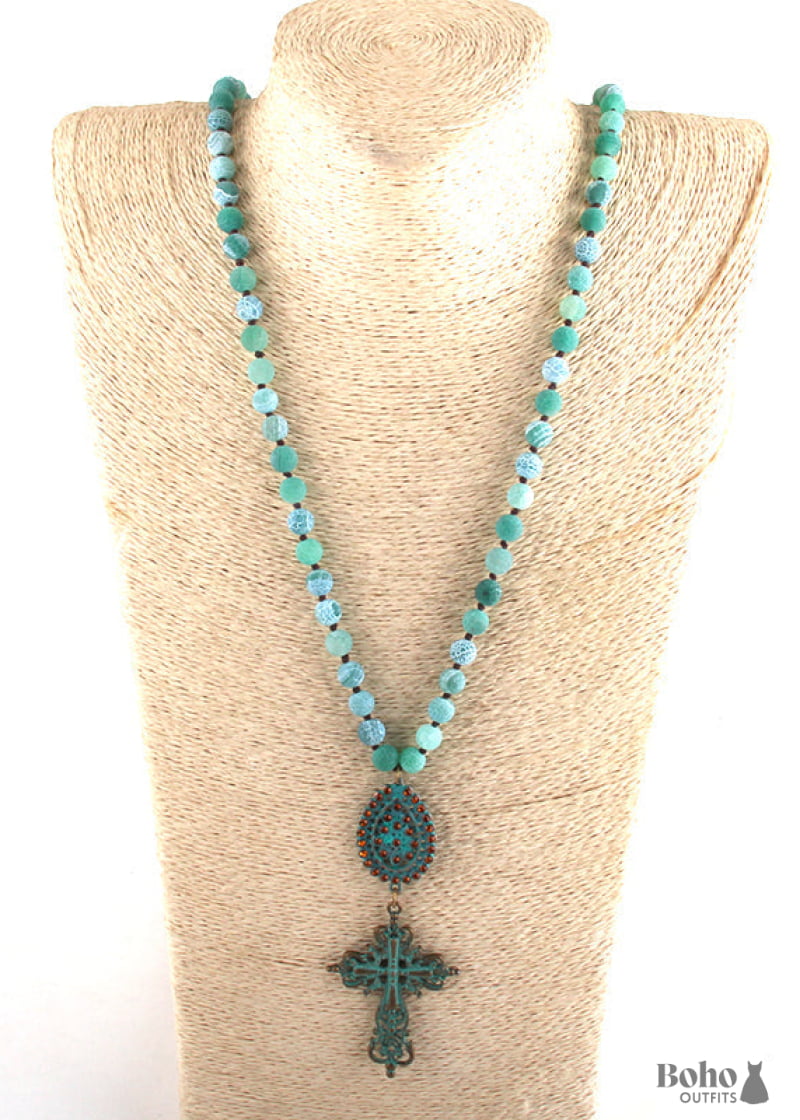 Boho Necklace RH Precious Blue Lava Stone Cross - Jewelry