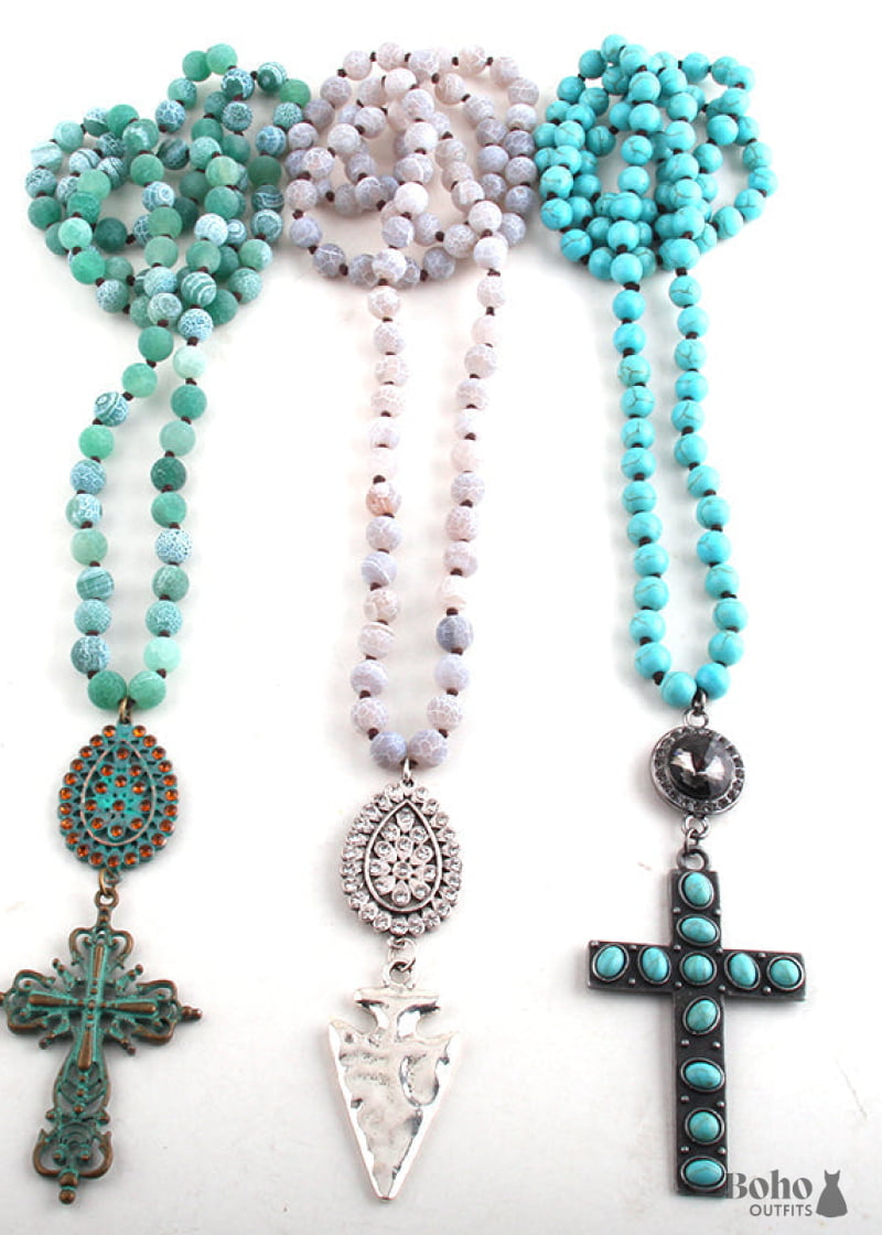 Boho Necklace RH Precious Blue Lava Stone Cross - Jewelry