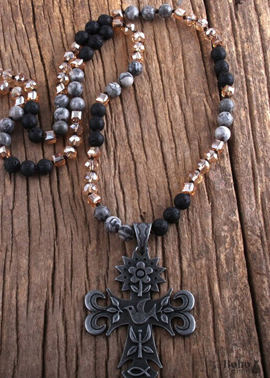 Boho Necklace RH Precious Lava Stone Cross and Bird