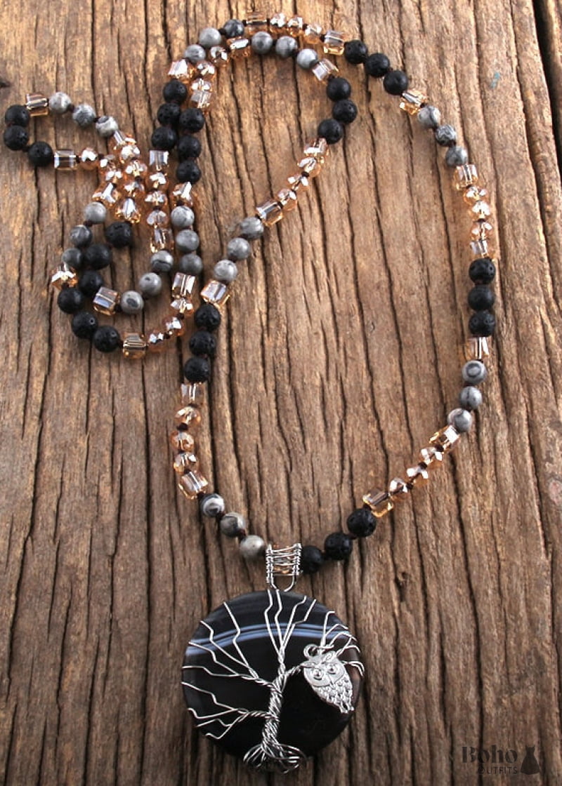 Boho Necklace RH Precious Lava Stone Tree of Life - black