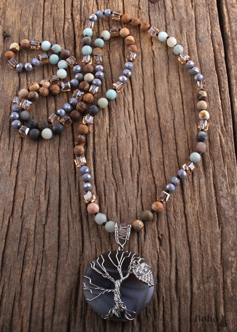 Boho Necklace RH Precious Lava Stone Tree of Life - gray