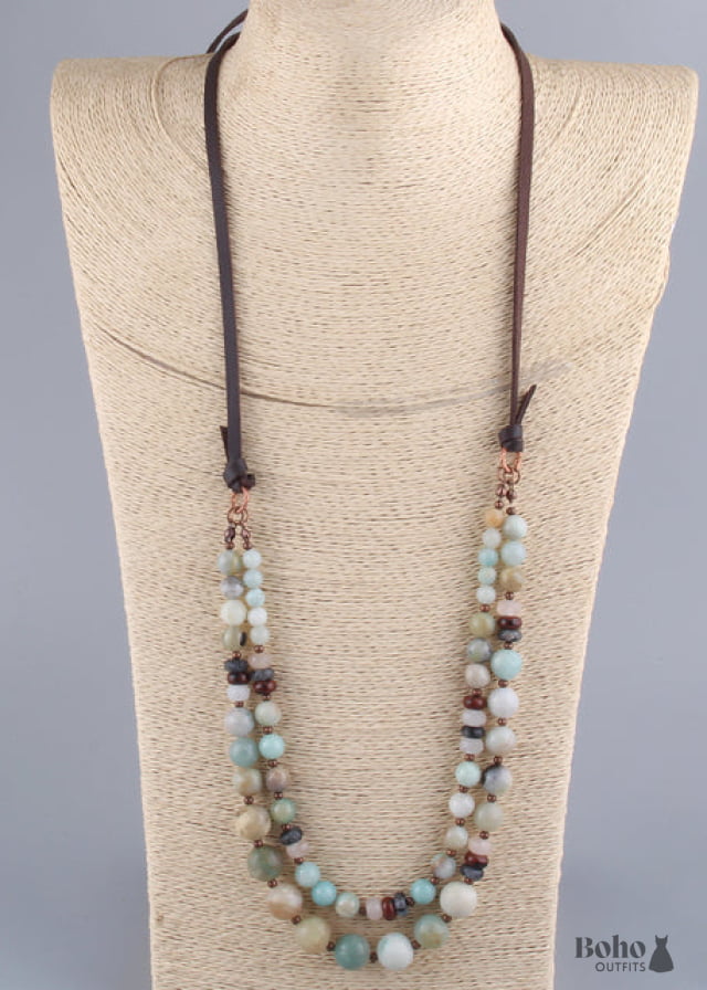 Boho Necklace RH Precious Natural Stones Links with Leather