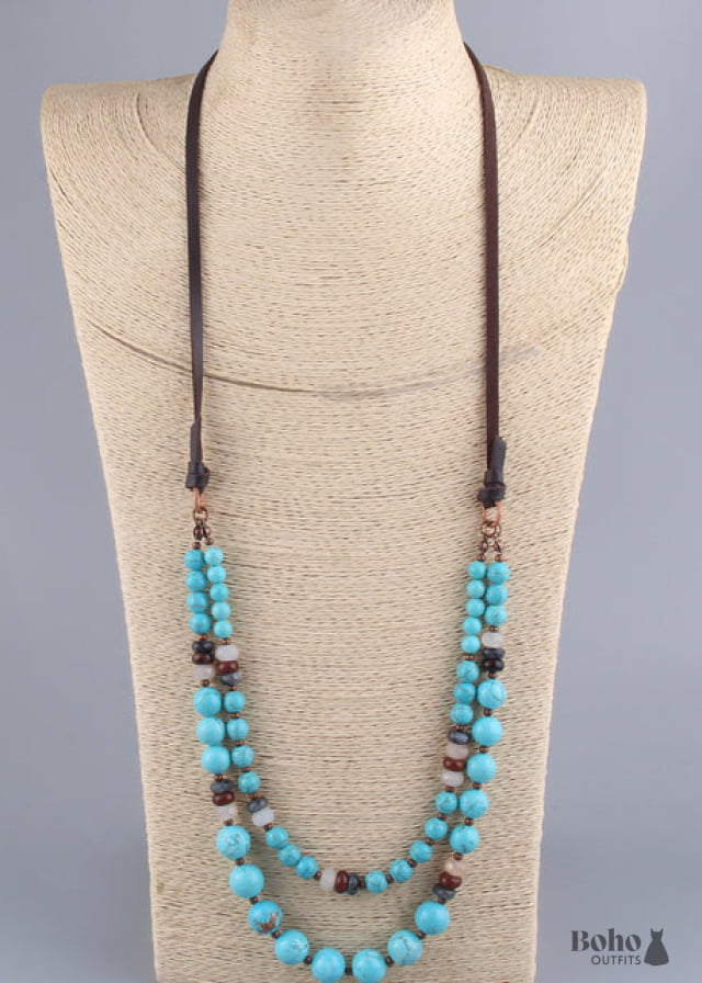 Boho Necklace RH Precious Natural Stones Links with Leather